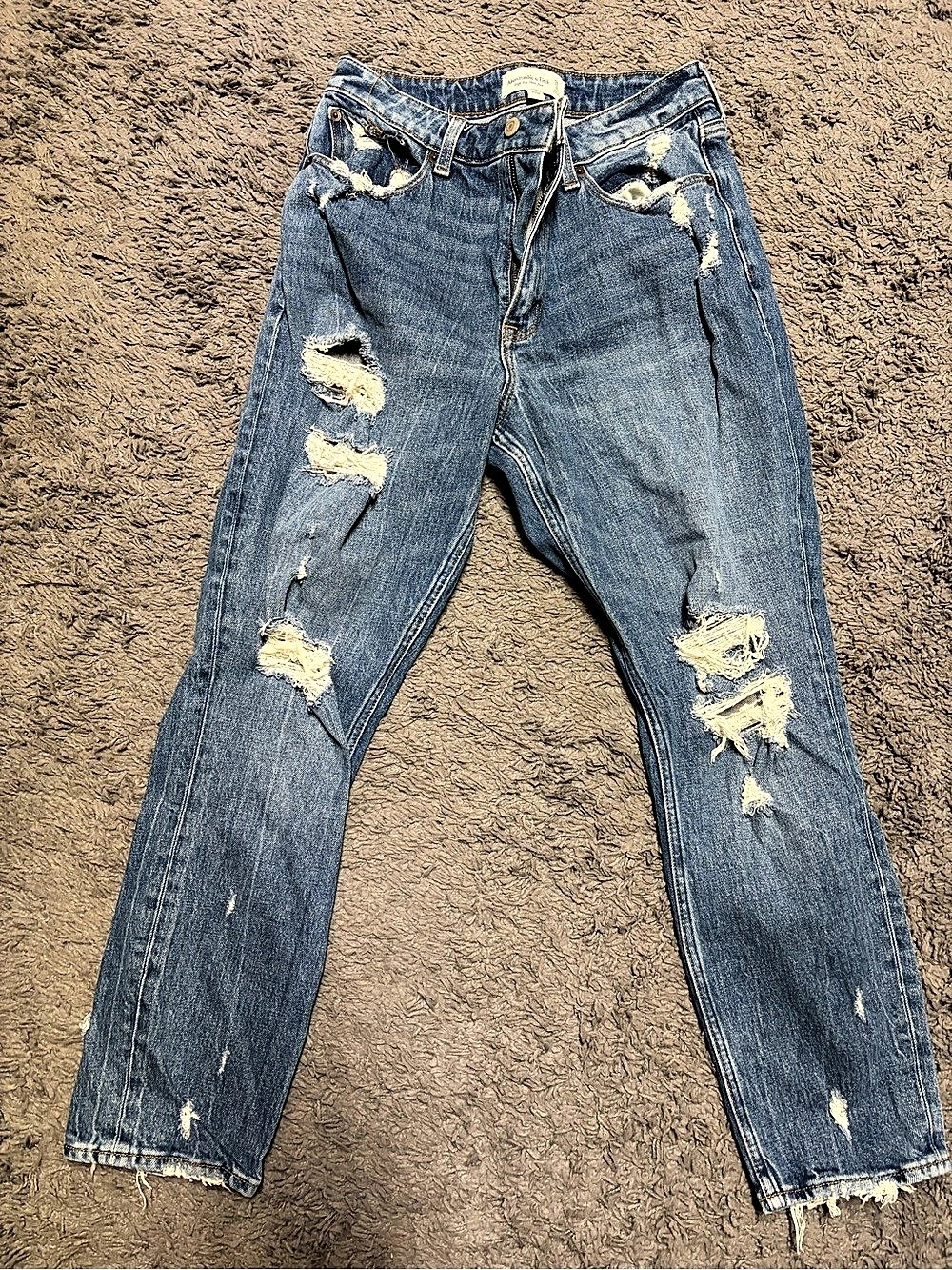 Abercrombie & Fitch Curve Love Distressed Skinny Mom Jeans in Blue Waist 28